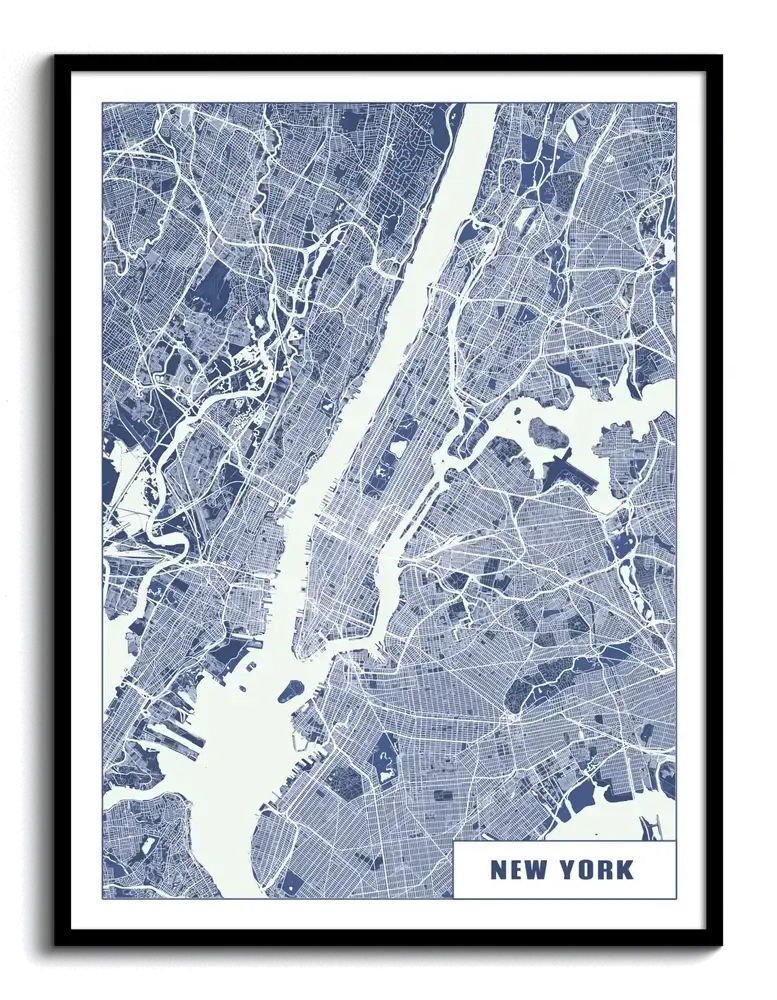 Póster del mapa de Nueva York en azul y blanco, de estilo técnico y con marco negro
