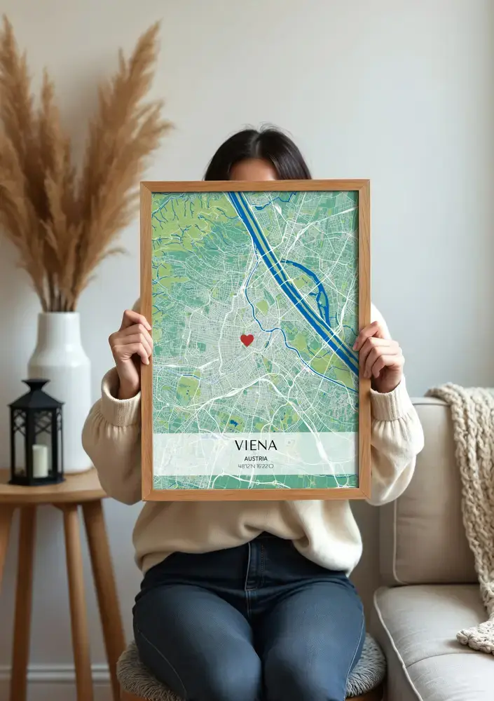 Póster de mapa urbano personalizado en verde y azul con un corazón, enmarcado en madera natural en el salón