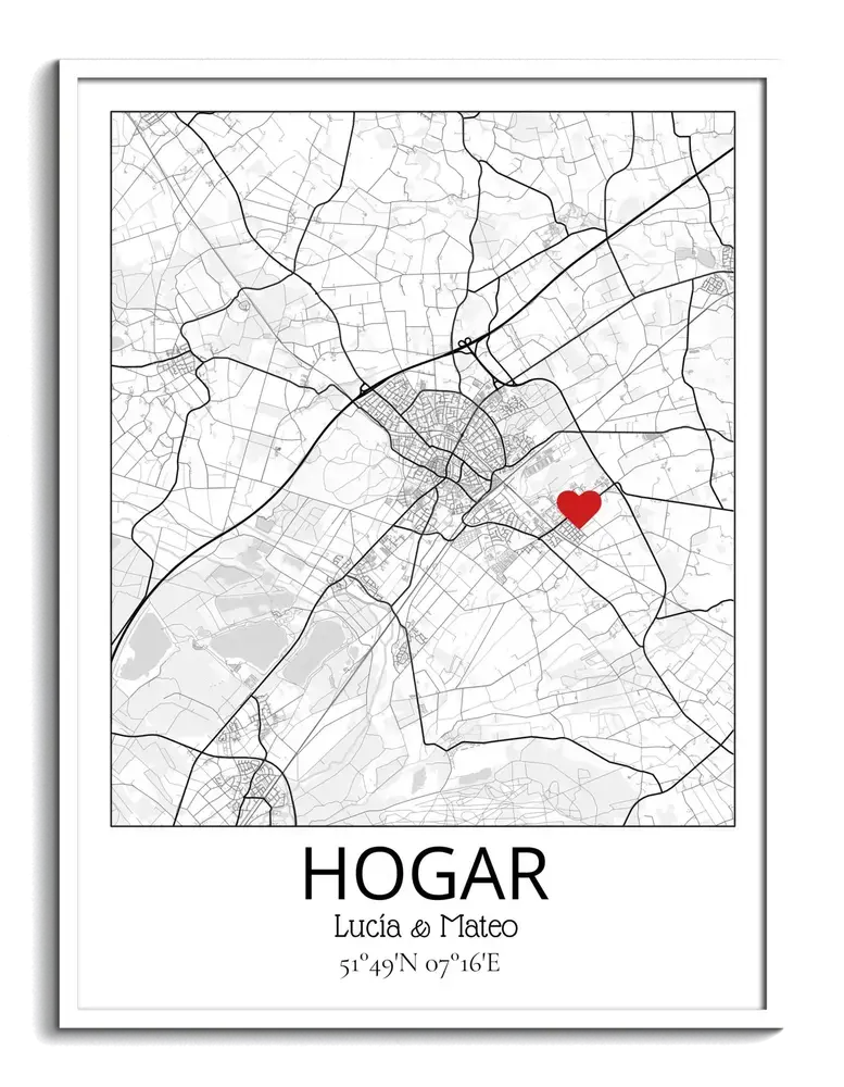 Lámina personalizada del mapa del hogar en blanco y negro, con corazón rojo, nombres y marco blanco