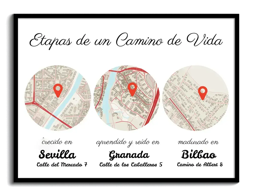Lámina personalizada en marco negro con tres mapas circulares, marcadores rojos y textos sobre etapas de la vida