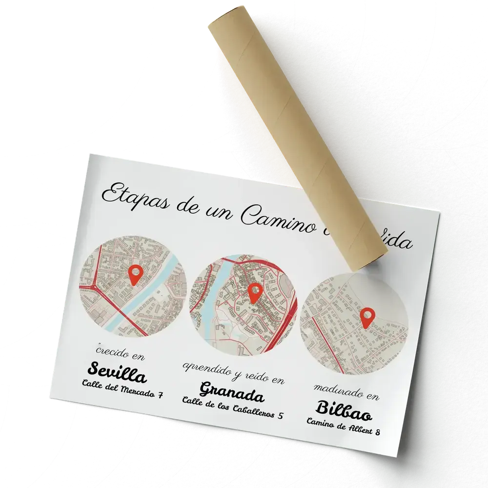 Póster personalizado con tres mapas de etapas vitales junto a un tubo de cartón, regalo de aniversario para tu pareja