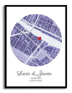 Crea tu mapa de boda único: Personaliza con nombres, fecha y coordenadas.