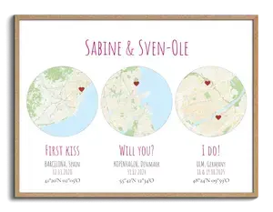 Póster 3 mapas de ciudad: personaliza tus hitos de pareja con nombres fechas y coordenadas